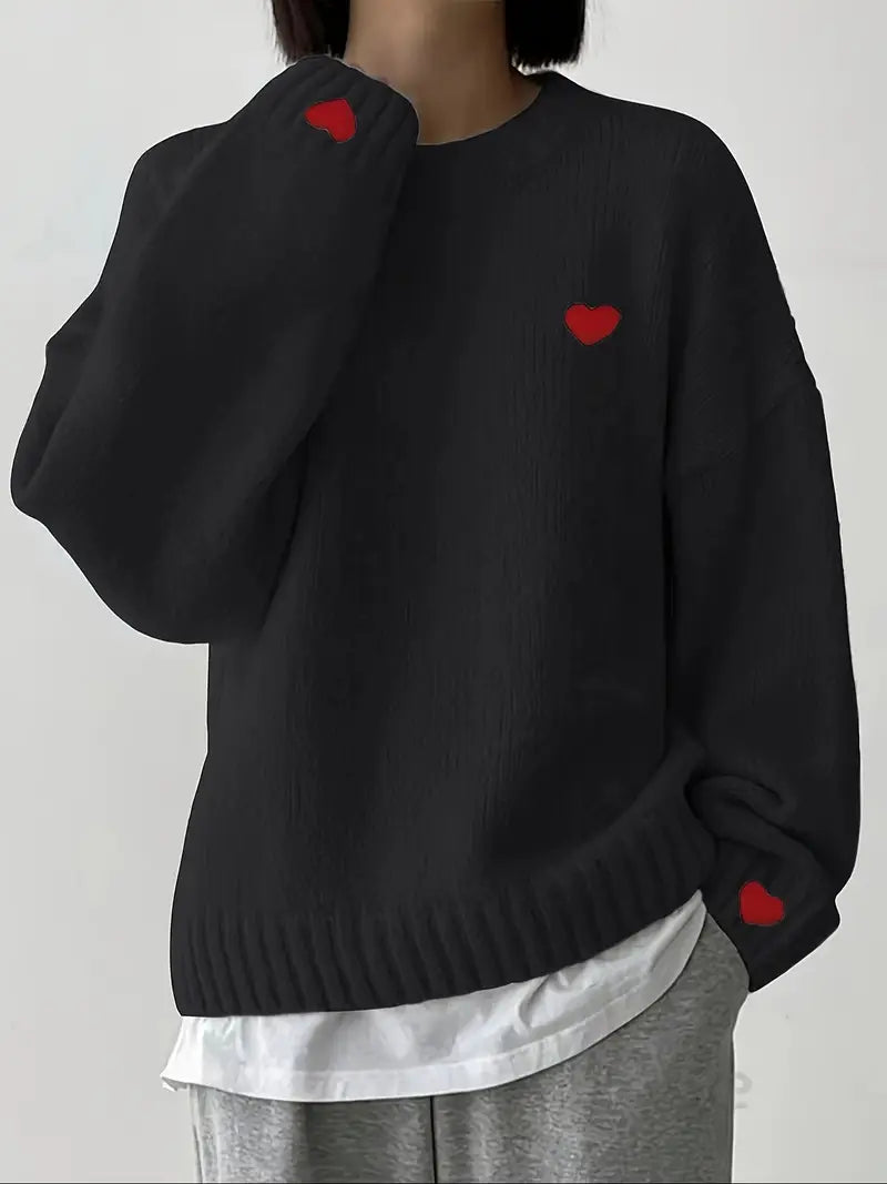 Womens Heart Embroidery Sweater - Black