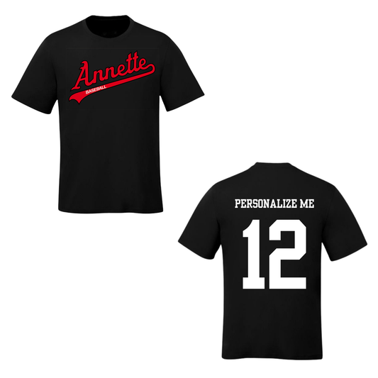 Annette Baseball Short Sleeve Shirt - Annette Red Script Logo /  Personalized - Black