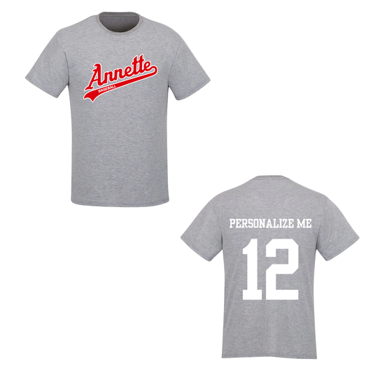 Annette Baseball Short Sleeve Shirt - Annette Red / White Script Logo /  Personalized - Grey