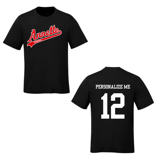 Annette Baseball Short Sleeve Shirt - Annette Red Script Logo /  Personalized - Black