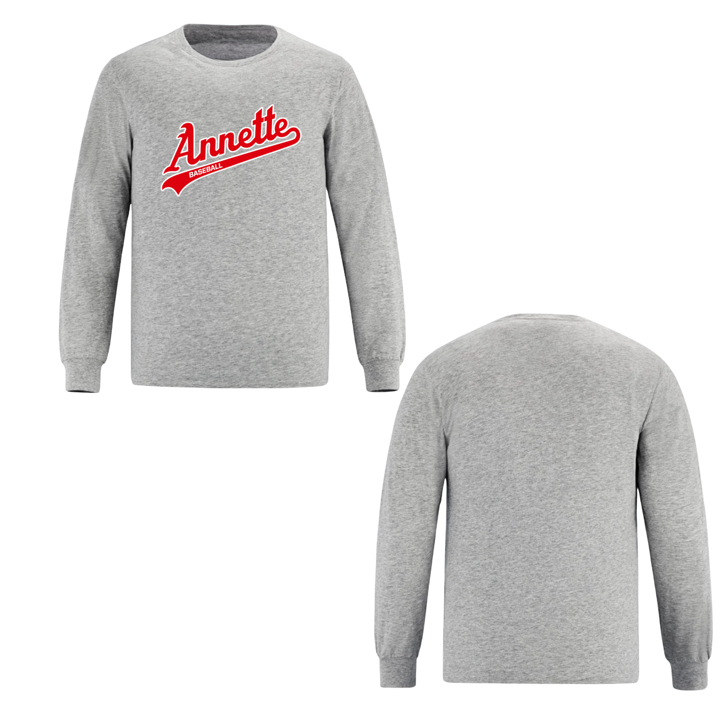 Annette Baseball Long Sleeve Shirt - Red Script Logo - Grey
