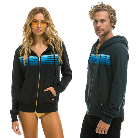 Adult 5 Stripe Zip Hoodie - Charcoal/Blue