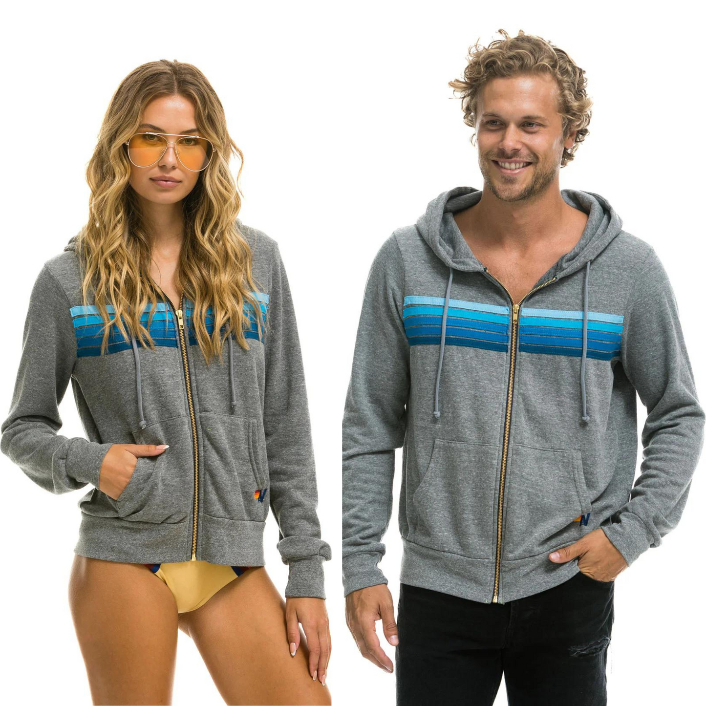 Aviator Nation - Adult Heather Grey / Blue Stripes 5 Stripe Zip Hoodie