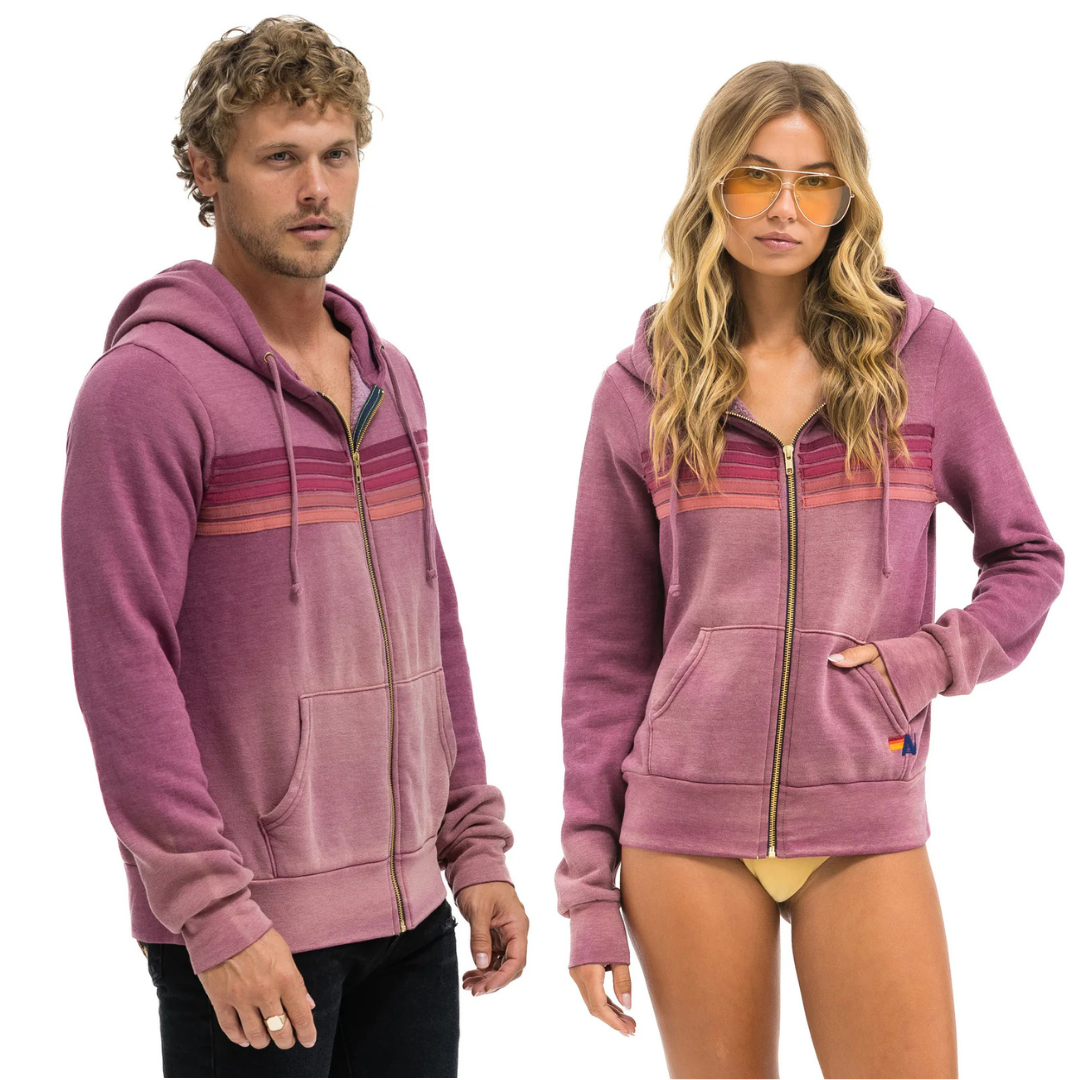 Aviator Nation -  Adult 5 Stripe Zip Hoodie - Faded Berry