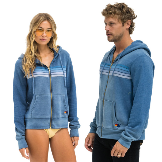 Aviator Nation -  Adult 5 Stripe Zip Hoodie - Faded Water