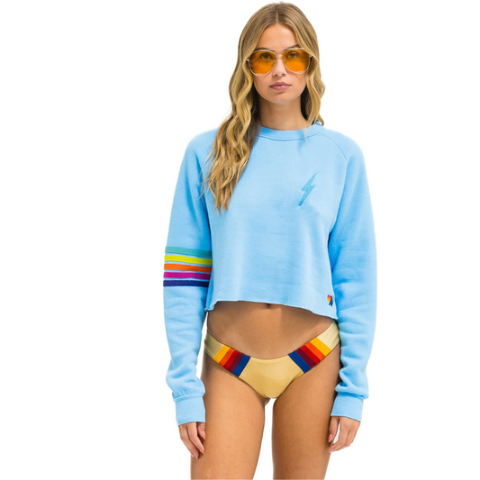 Aviator Nation Adult Bolt Embroidery Classic Cropped Crew Sweatshirt - Sky / Rainbow Stripe