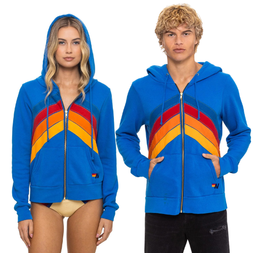 Aviator Nation Adult Mountain Stitch Chevron 4 Zip Hoodie - Adventure Blue
