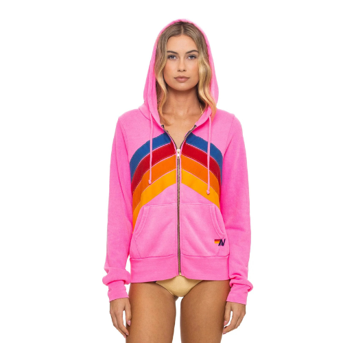 Aviator Nation Adult Mountain Stitch Chevron 4 Zip Hoodie - Neon Pink