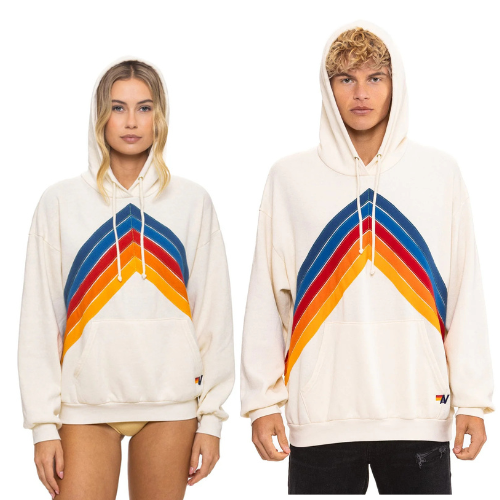 Aviator Nation Adult Mountain Stitch Chevron Pullover Hoodie Relaxed - Vintage White