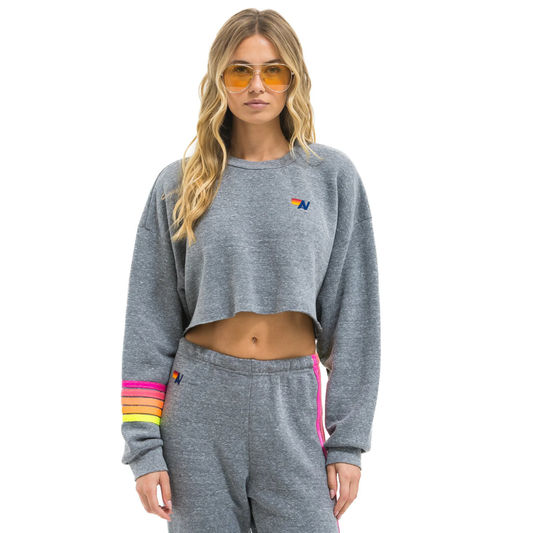 Aviator Nation Adult Rugby Stitch Cropped Crew Sweatshirt Relaxed - Heather Grey / Neon