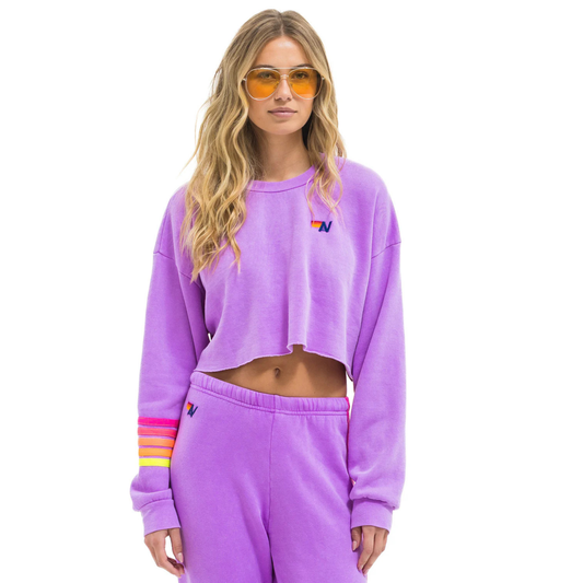 Aviator Nation Adult Rugby Stitch Cropped Crew Sweatshirt Relaxed - Neon Purple / Neon