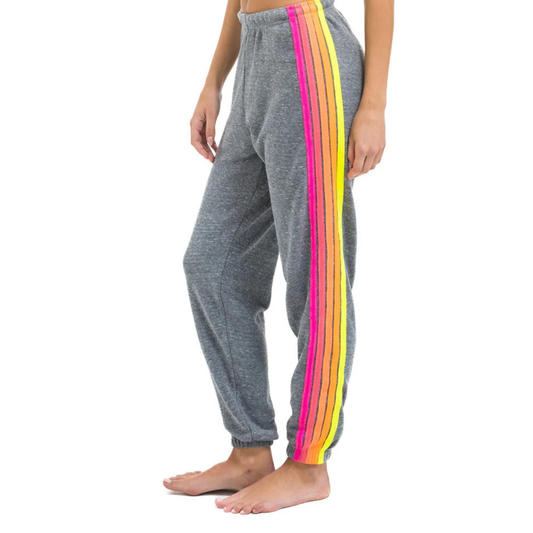 Aviator Nation Women's 5 Stripe Sweatpants - Heather Grey / Neon