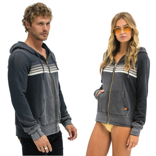 Aviator Nation -  Adult 5 Stripe Zip Hoodie - Faded Smoke