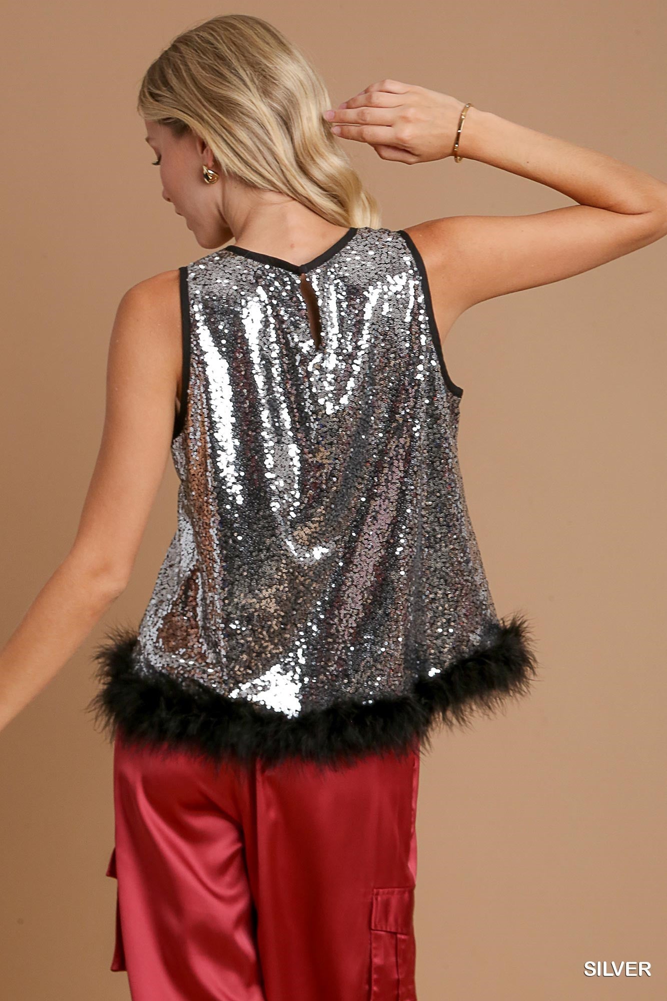 Sequin and Feather Fur Sleeveless Top - Silver