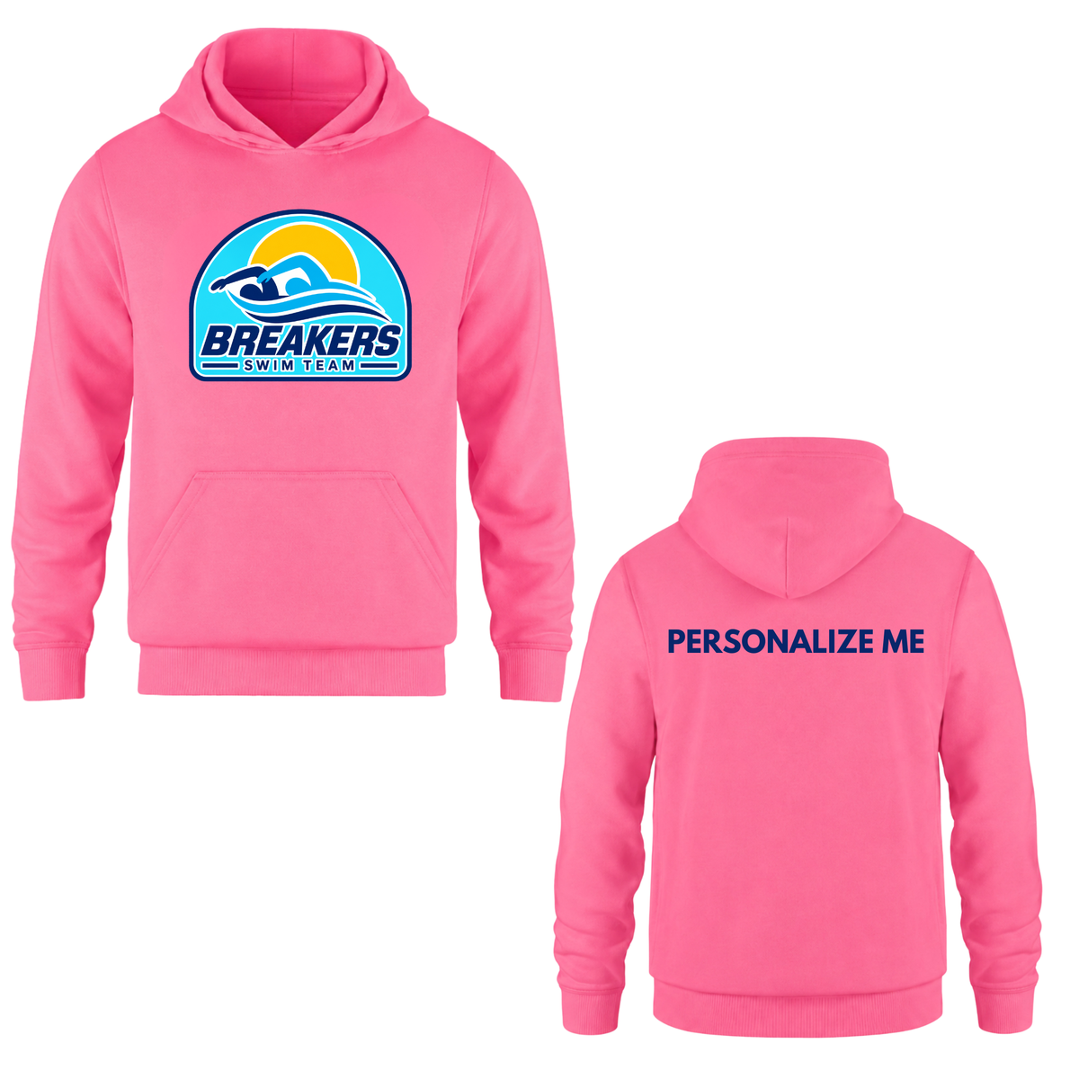 Breakers Swim Team Personalized Hooded Sweatshirt - Oversize Logo - Bright Pink / Blue