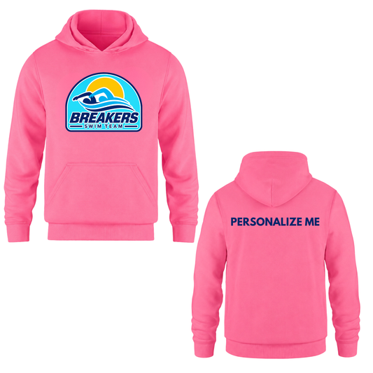 Breakers Swim Team Personalized Hooded Sweatshirt - Oversize Logo - Bright Pink / Blue