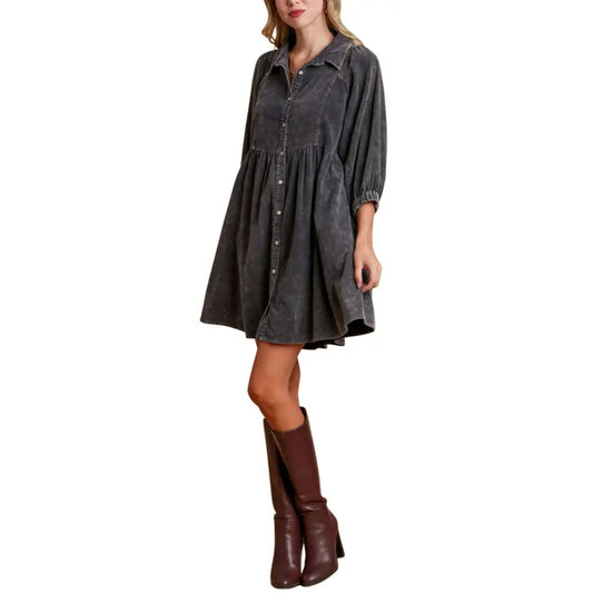 Button Down Corduroy Dress With Mineral Wash - Dark Grey