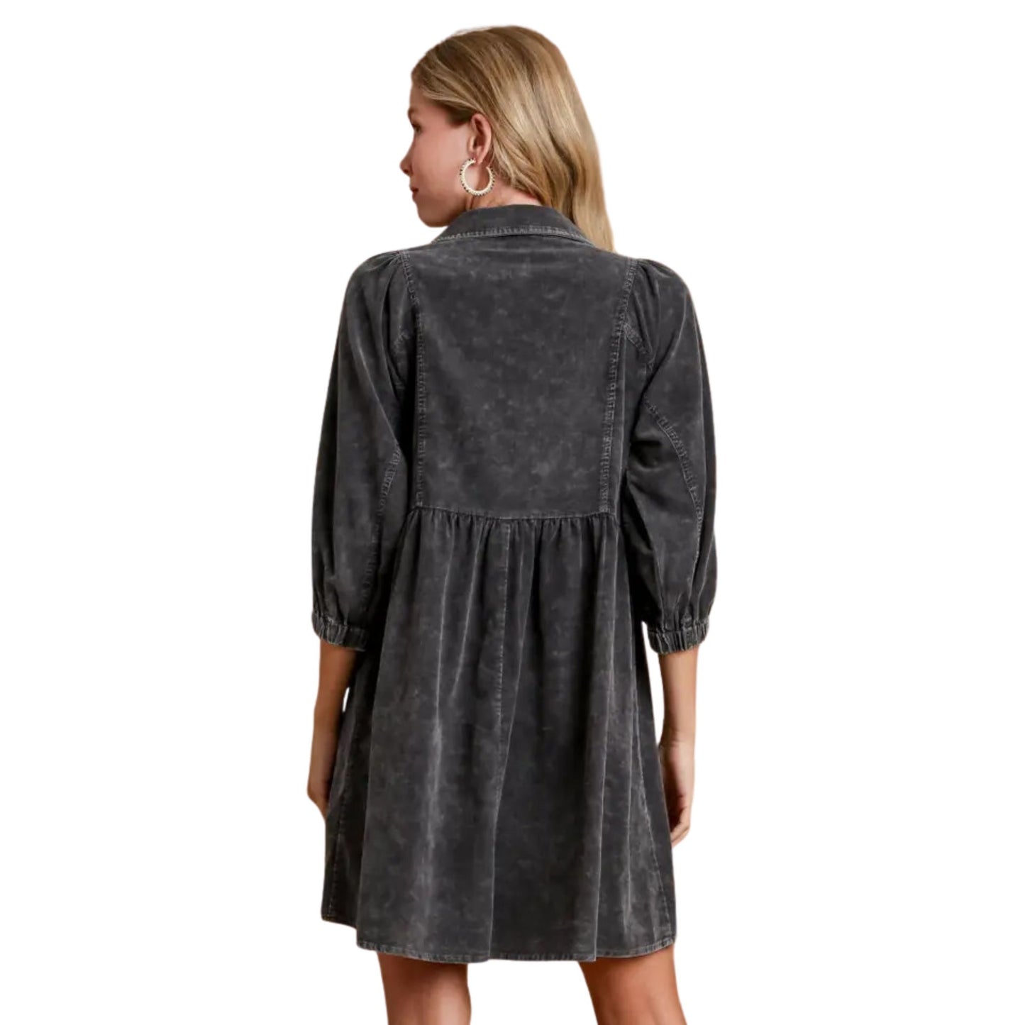 Button Down Corduroy Dress With Mineral Wash - Dark Grey