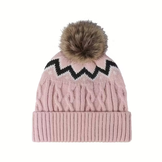 Cable Knitted Pom Pom Beanie - Pink