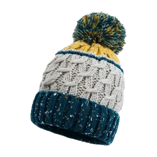 Colour Block Cable Knitted Pom Pom Beanie