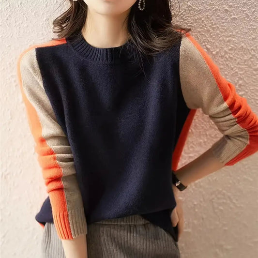 Colour Block Knit Sweater - Navy / Orange / Tan