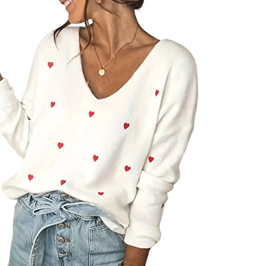 Embroidered Hearts Knit Sweater - White