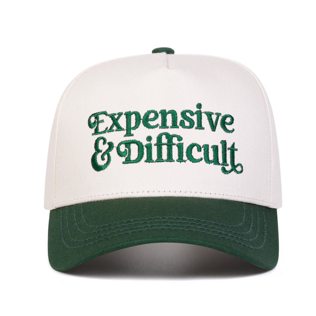 Expensive & Difficult Canvas Baseball Hat - Cream / Forest Green
