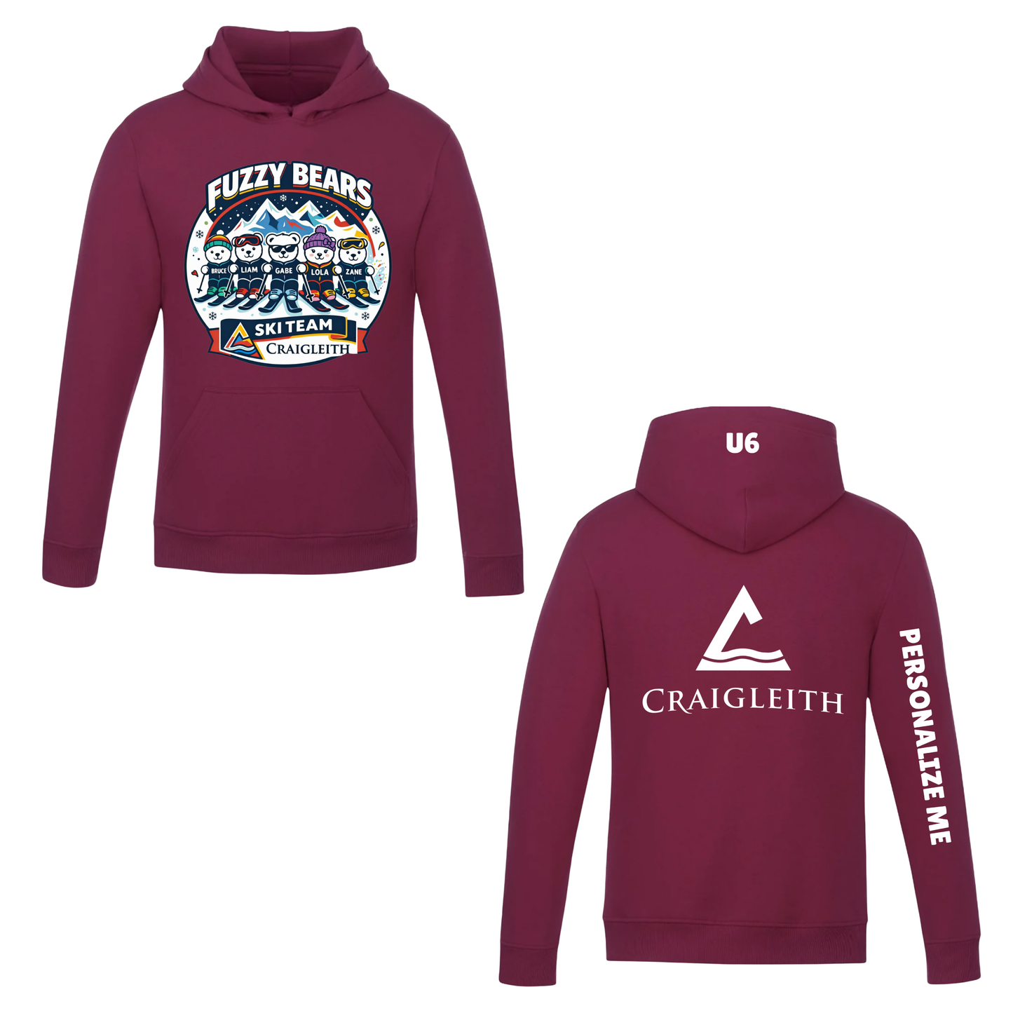 Craigleith U6 Fuzzy Bears Hooded Sweatshirt - Burgundy / Large Logo