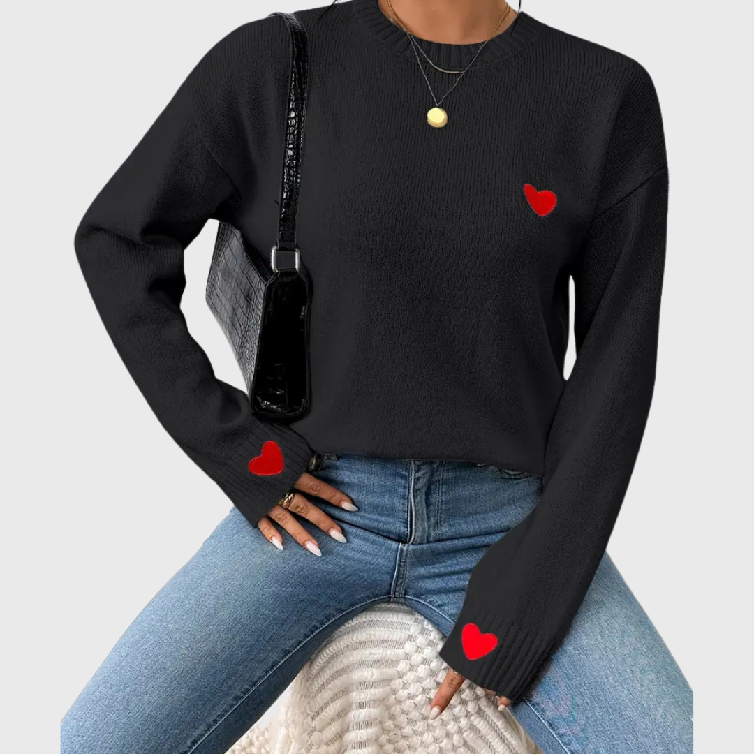 Womens Heart Embroidery Sweater - Black