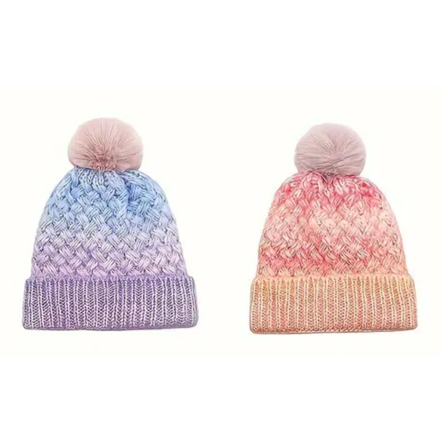 Pink Gradient Knitted Pom Pom Beanie