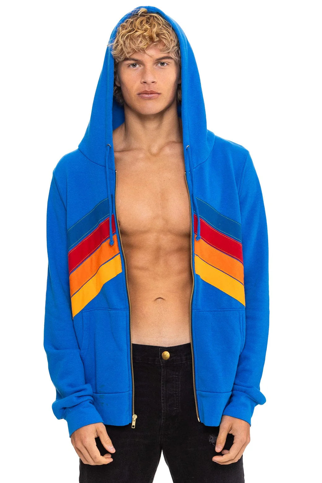 Aviator Nation Adult Mountain Stitch Chevron 4 Zip Hoodie - Adventure Blue