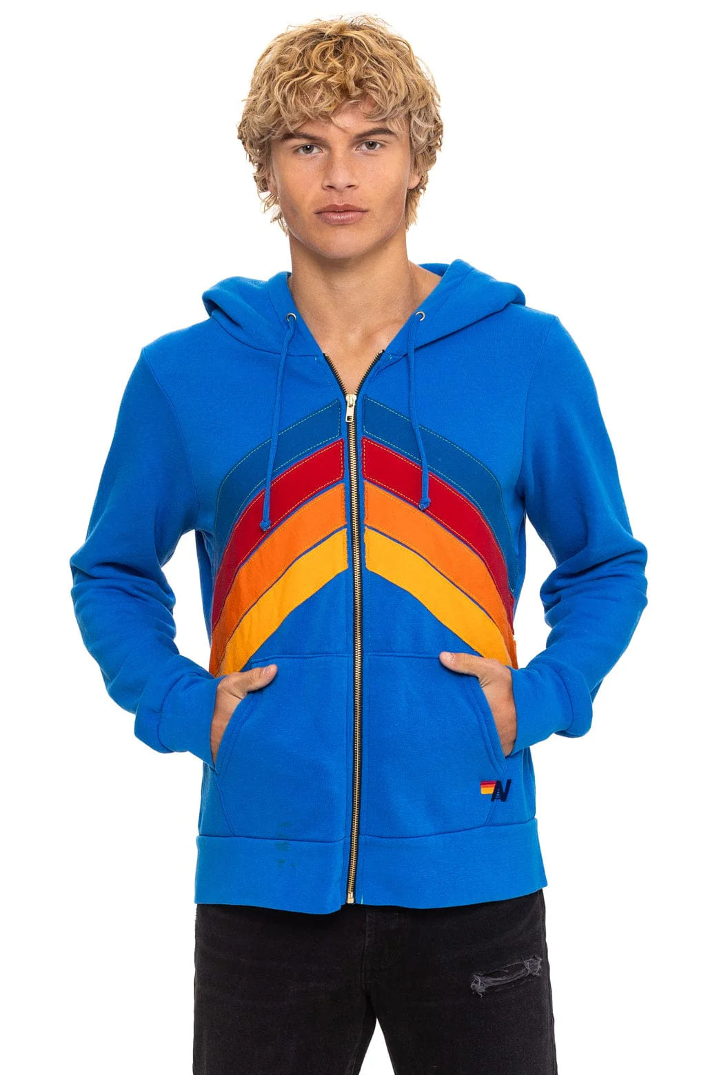 Aviator Nation Adult Mountain Stitch Chevron 4 Zip Hoodie - Adventure Blue