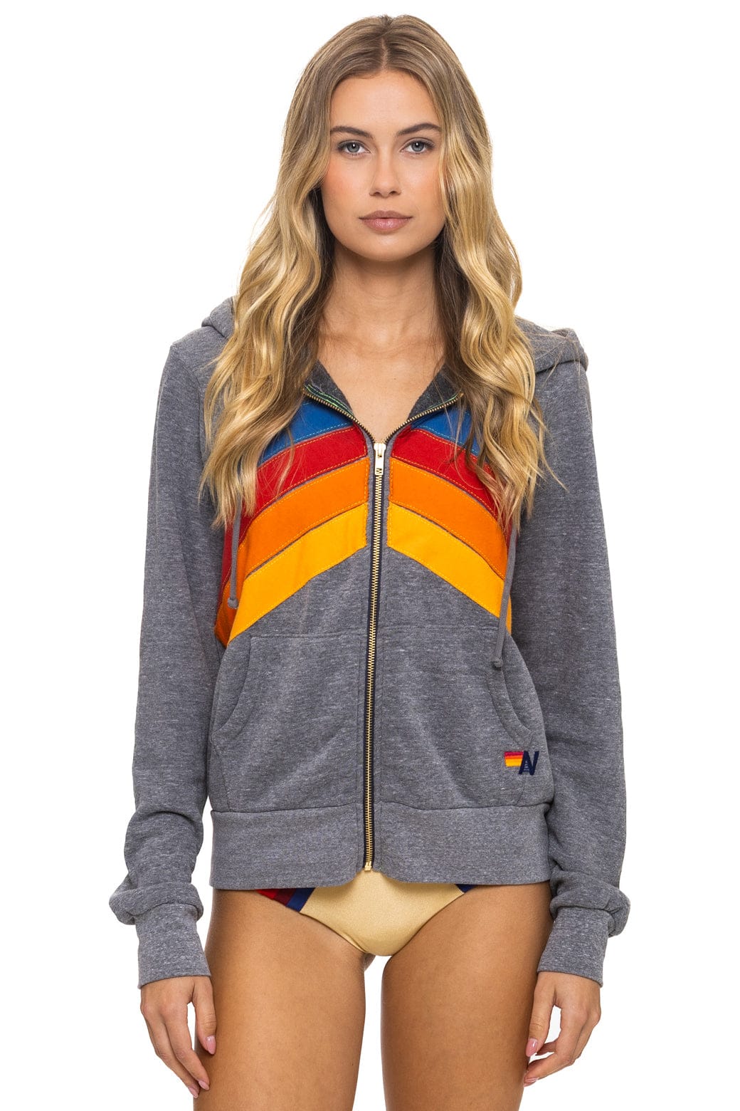 Aviator Nation Adult Mountain Stitch Chevron 4 Zip Hoodie - Heather Grey
