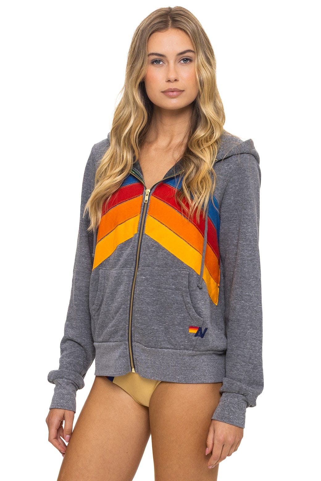 Aviator Nation Adult Mountain Stitch Chevron 4 Zip Hoodie - Heather Grey