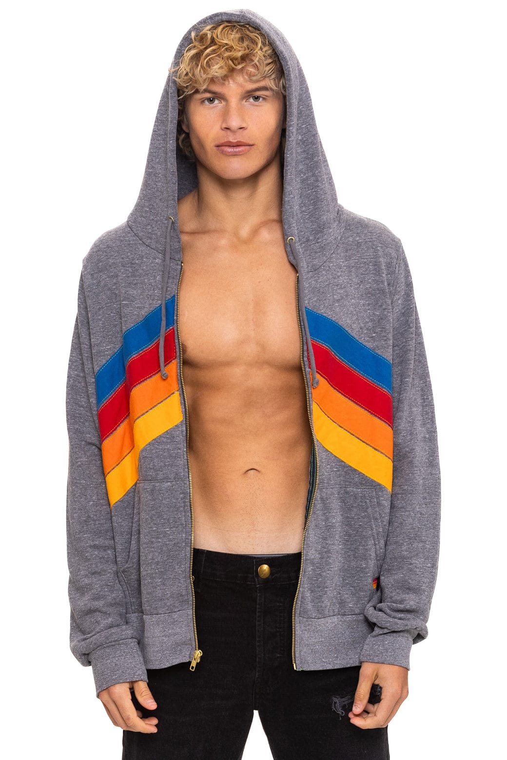 Aviator Nation Adult Mountain Stitch Chevron 4 Zip Hoodie - Heather Grey