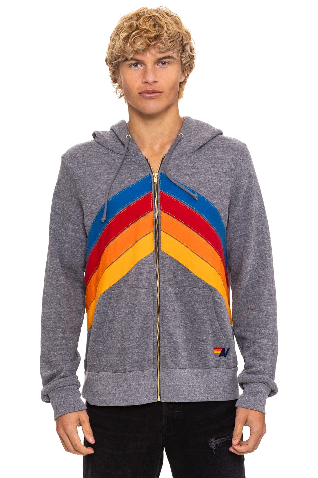 Aviator Nation Adult Mountain Stitch Chevron 4 Zip Hoodie - Heather Grey