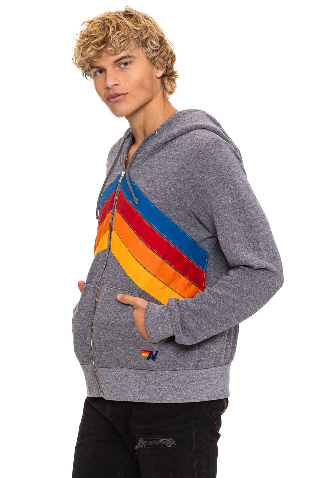 Aviator Nation Adult Mountain Stitch Chevron 4 Zip Hoodie - Heather Grey