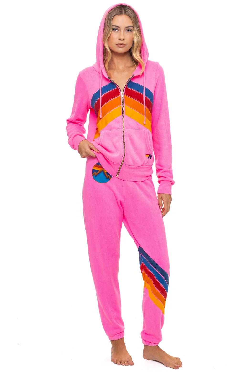 Aviator Nation Adult Mountain Stitch Chevron 4 Zip Hoodie - Neon Pink