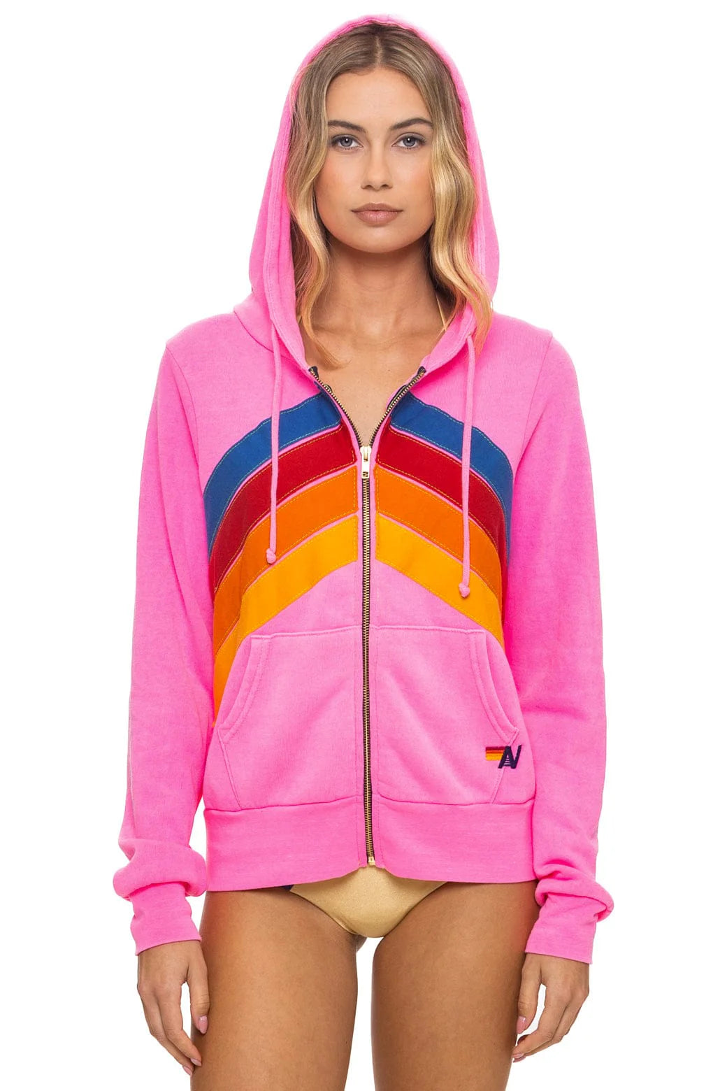Aviator Nation Adult Mountain Stitch Chevron 4 Zip Hoodie - Neon Pink