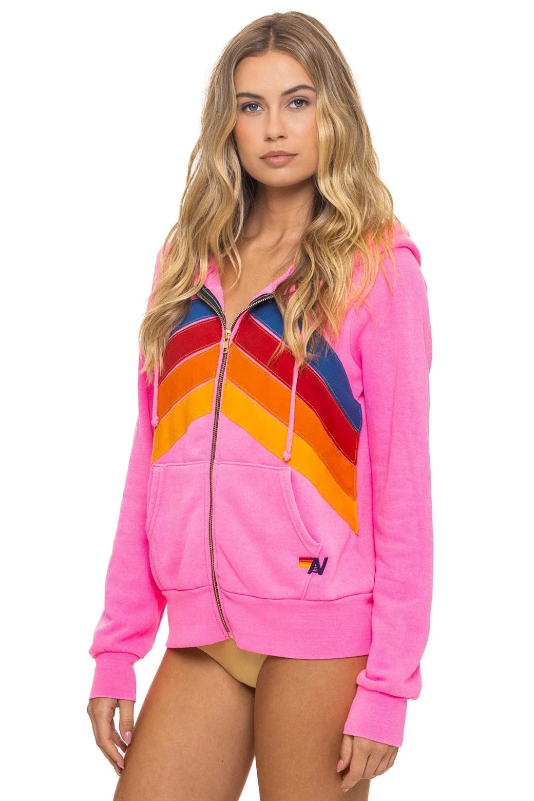 Aviator Nation Adult Mountain Stitch Chevron 4 Zip Hoodie - Neon Pink