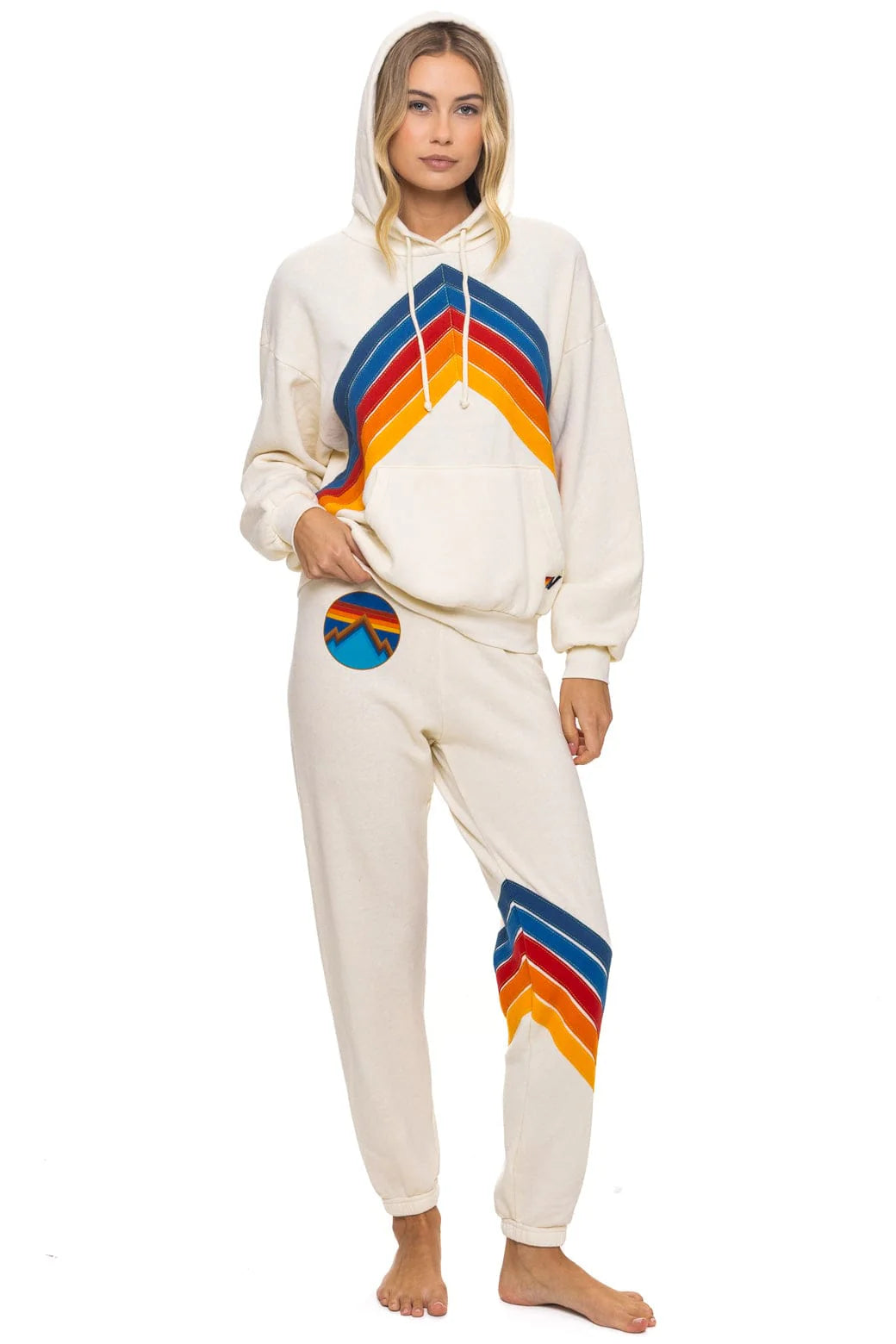 Aviator Nation Adult Mountain Stitch Chevron Pullover Hoodie Relaxed - Vintage White