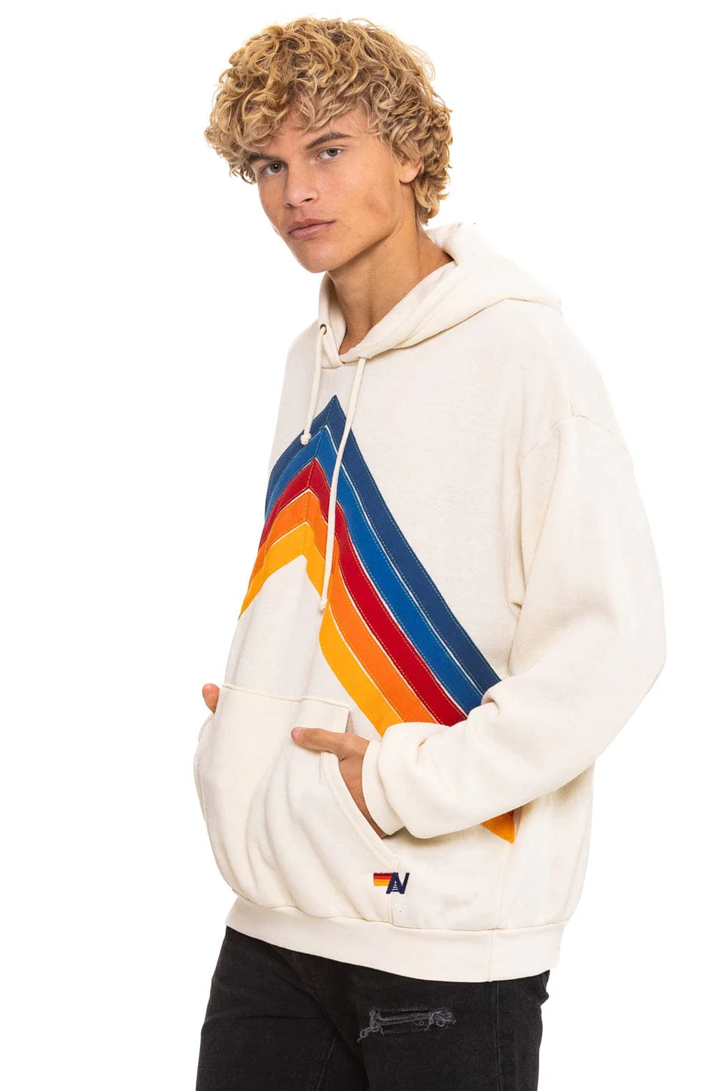 Aviator Nation Adult Mountain Stitch Chevron Pullover Hoodie Relaxed - Vintage White