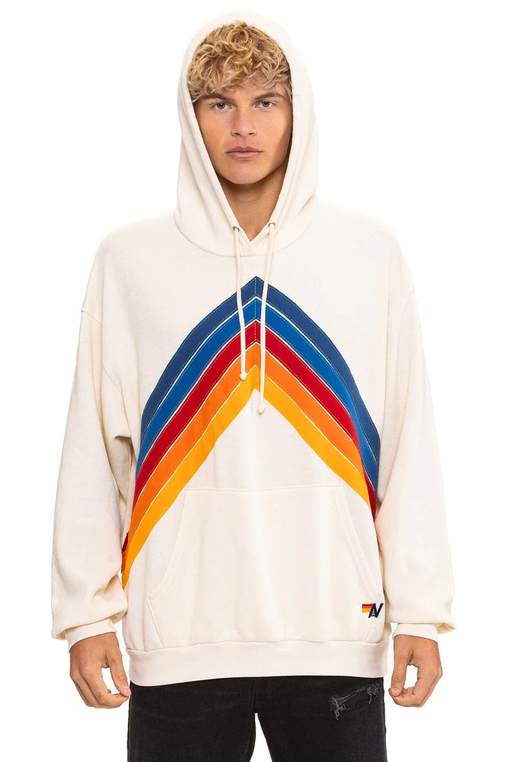 Aviator Nation Adult Mountain Stitch Chevron Pullover Hoodie Relaxed - Vintage White