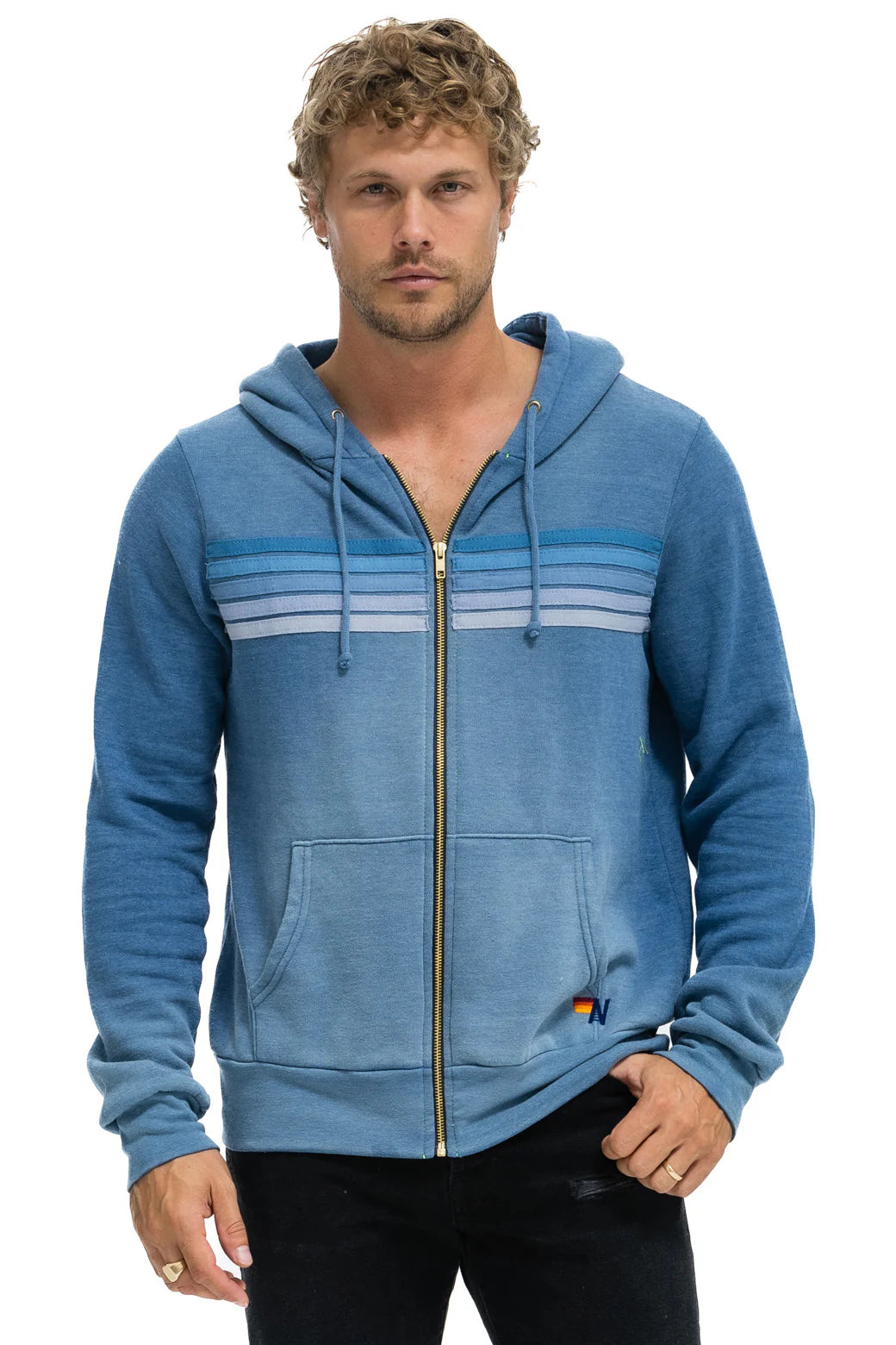 Aviator Nation -  Adult 5 Stripe Zip Hoodie - Faded Water