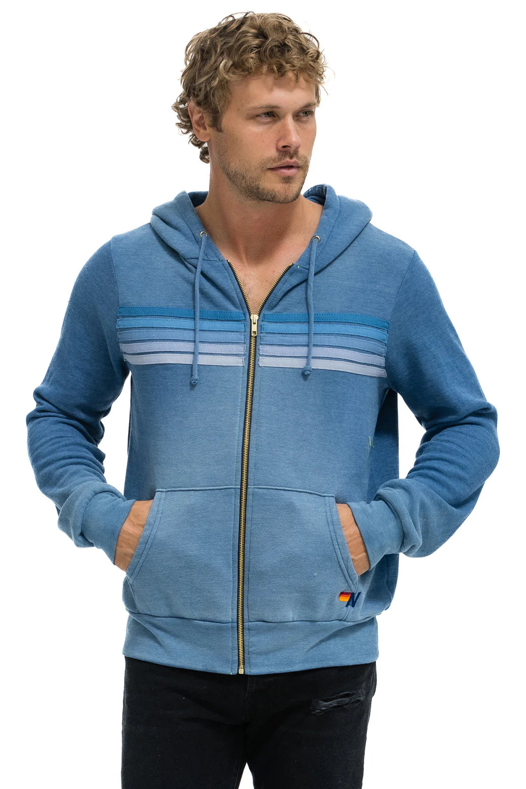 Aviator Nation -  Adult 5 Stripe Zip Hoodie - Faded Water