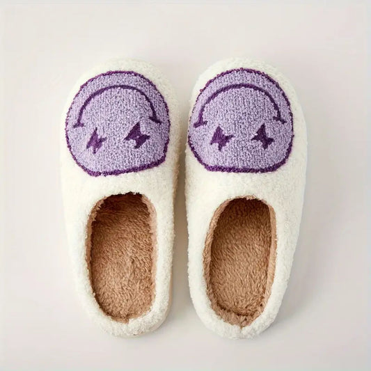 Happy Face Fuzzy Memory Foam Slippers - Lavender