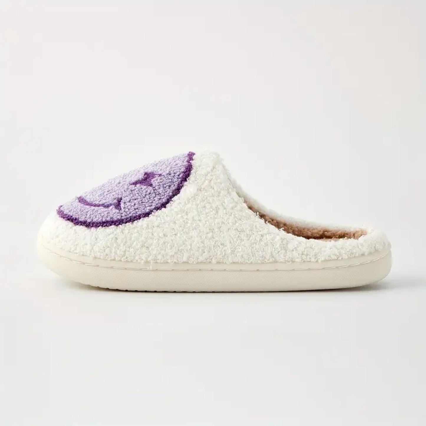 Happy Face Fuzzy Memory Foam Slippers - Lavender