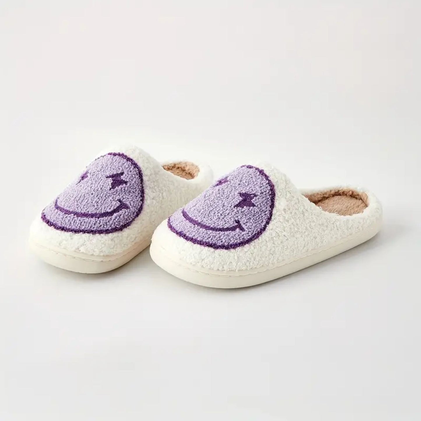 Happy Face Fuzzy Memory Foam Slippers - Lavender