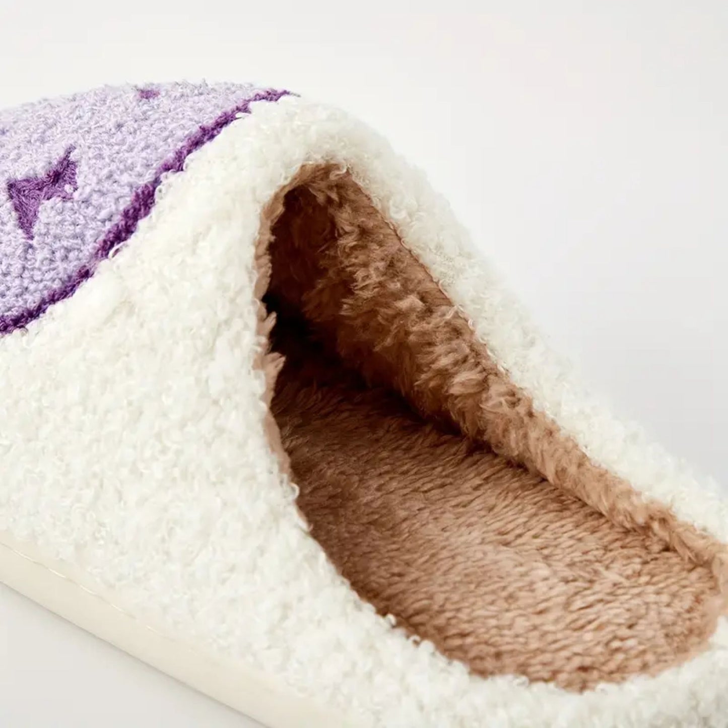 Happy Face Fuzzy Memory Foam Slippers - Lavender