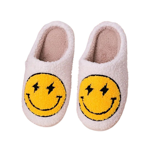 Happy Face Fuzzy Memory Foam Slippers - Yellow